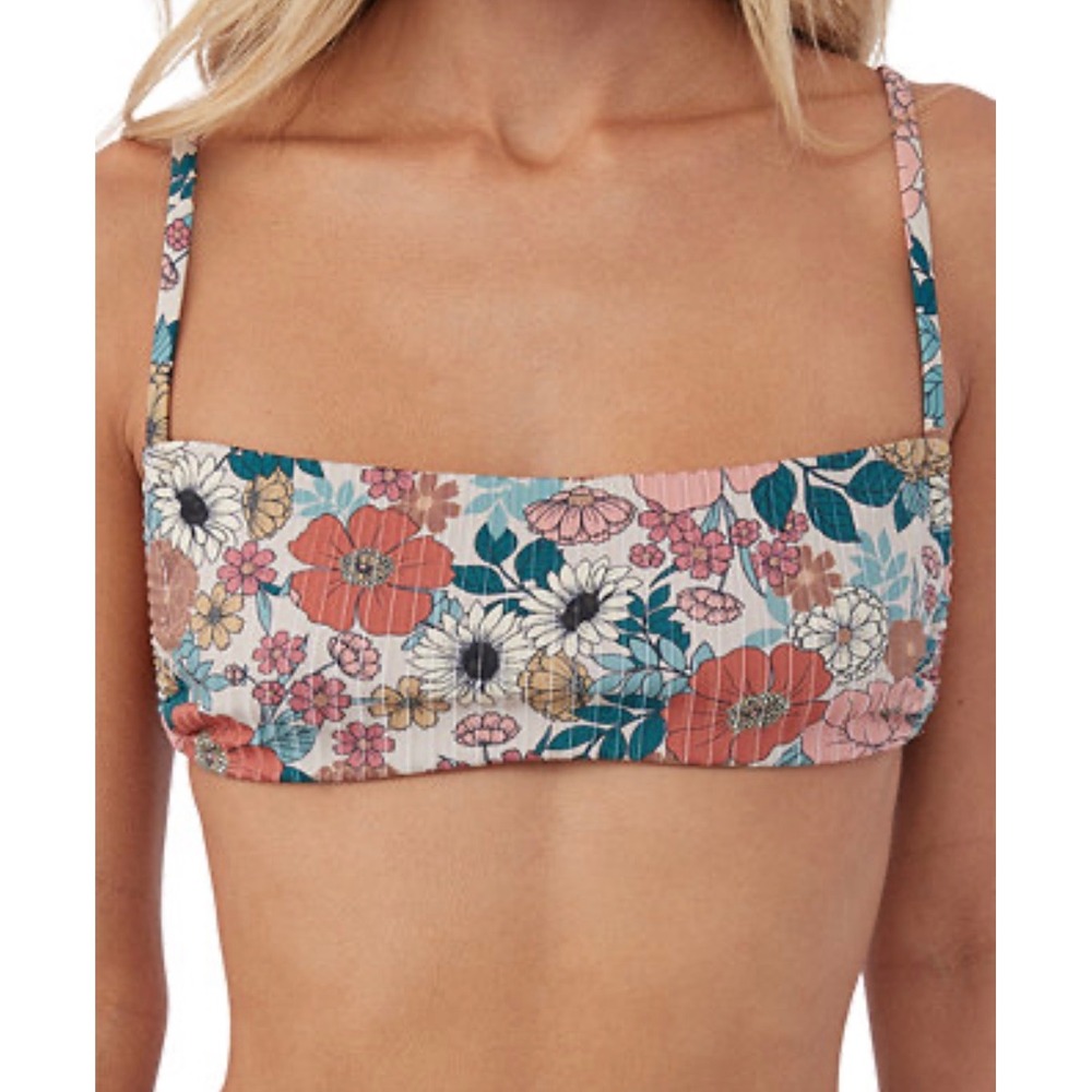 O'Neill Tenley Floral Bandeau Bikini Top Multicolor Ribbed Size Large‎ NEW